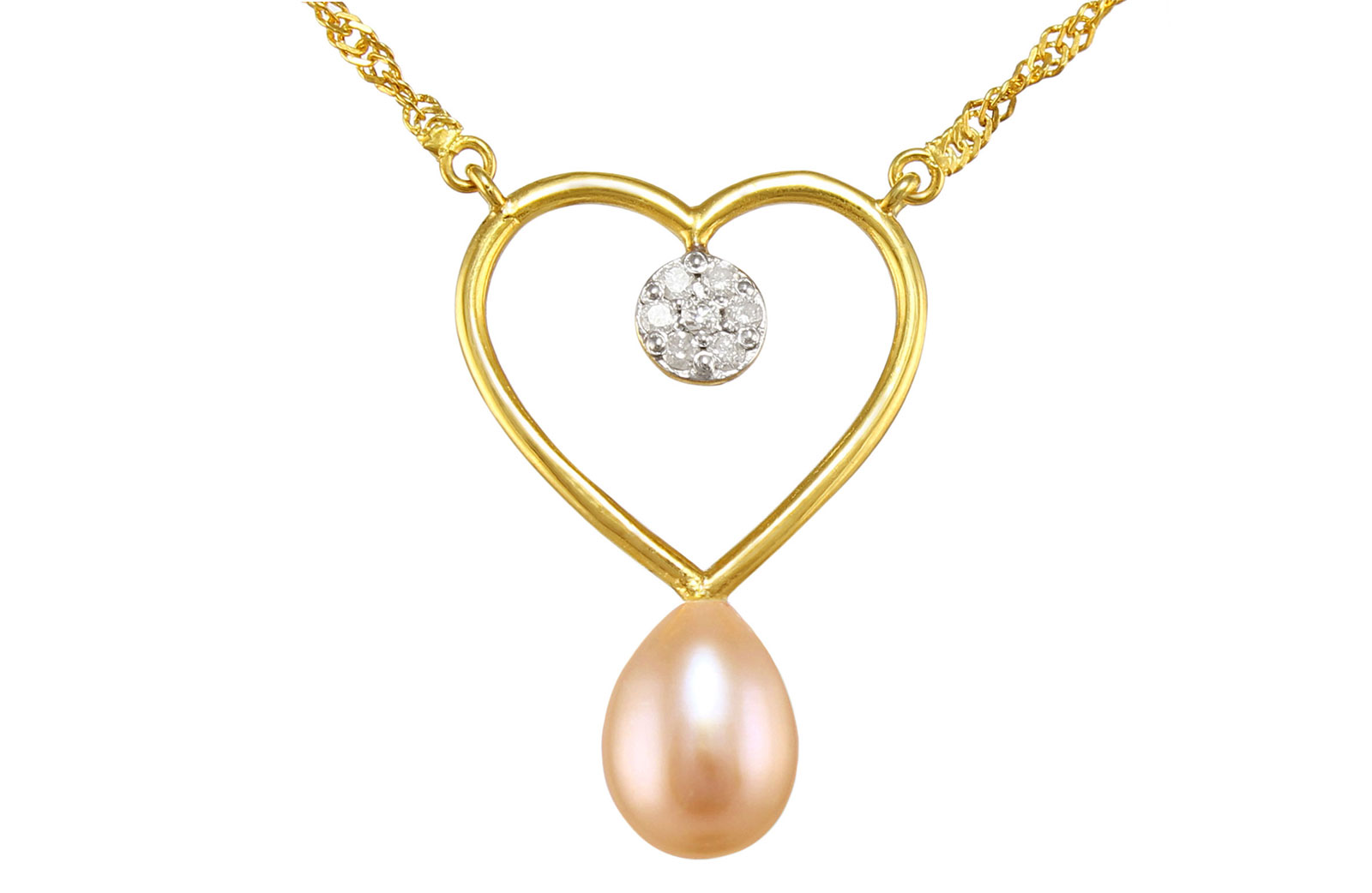 VP Jewels 18K Solid Gold 0.07ct Genuine Diamond and 7mm Pink Pearl Heart Pendant Necklace
